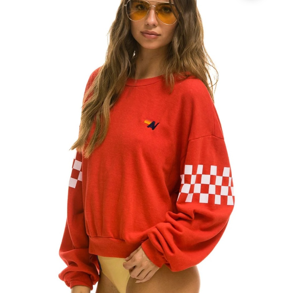 Aviator Nation Red Check 2 Sleeve Oversized Crew Sweatshirt Unisex Top